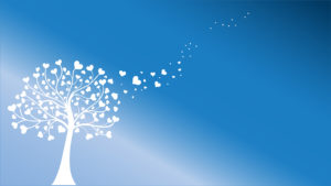 White silhouette of a tree with heart leaves against a blue and white background